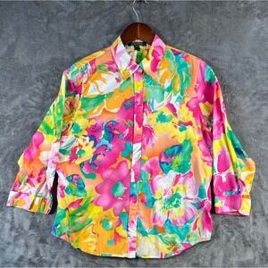 Lauren Ralph Lauren Shirt Womens Large Pink Floral Cotton Button Up 3/4 Sleeve*